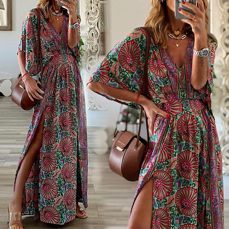 Vestido Midi Estampado de Manga Corta